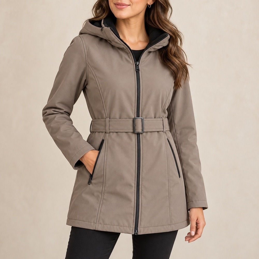 M 205 205 Vintage Y2K Covington Taupe Belted Hooded Fleece Lined Rain Coat